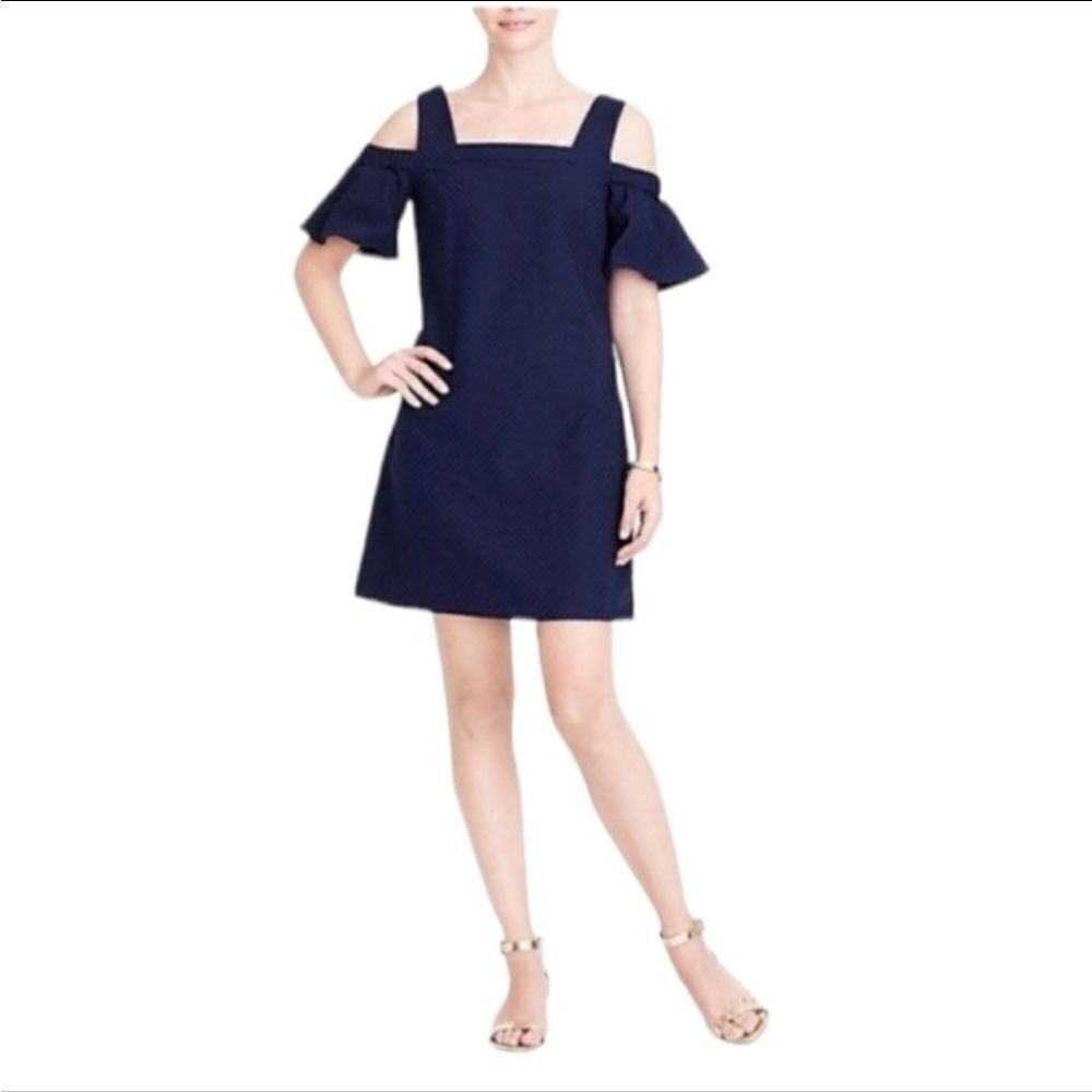 NEW J CREW dress navy blue cold shoulder basket weave shift M